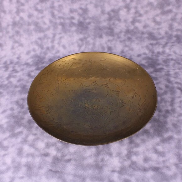 Vintage Chinese Brass Decorative Plate Crane Dragon Etched 11" - Picture 10 of 11